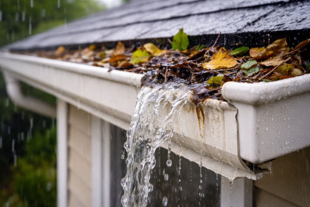 落ち葉などがたまり水があふれる雨樋