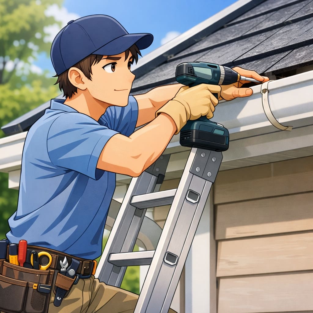 雨樋をDIYでなおしている様子